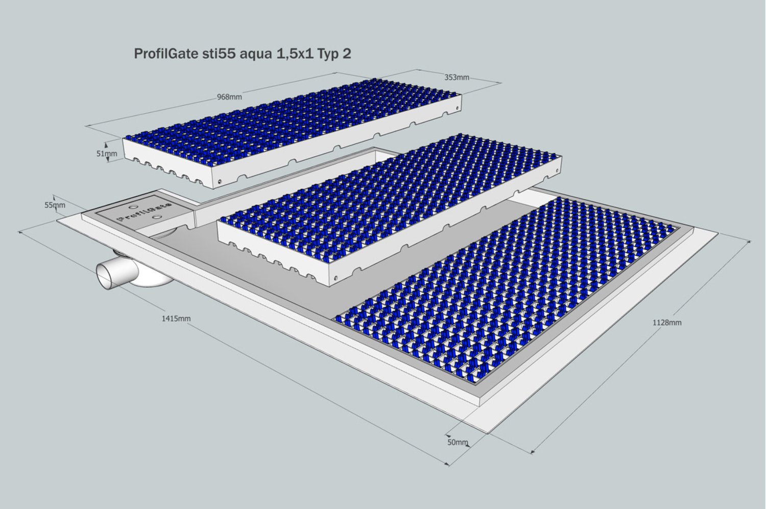 ProfilGate® sti55 Aqua wet cleaning and disinfection system, WLH (mm) 2177 x 1026 x 55, 1 x V2A-Tray, 6 x Grate