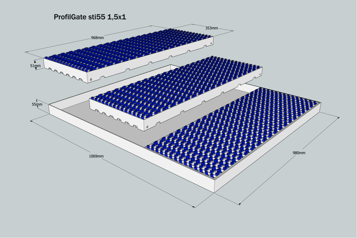 ProfilGate® sti55, WLH (mm) 1069 x 980 x 55, 1 x V2A-Tray, 3 x Grate