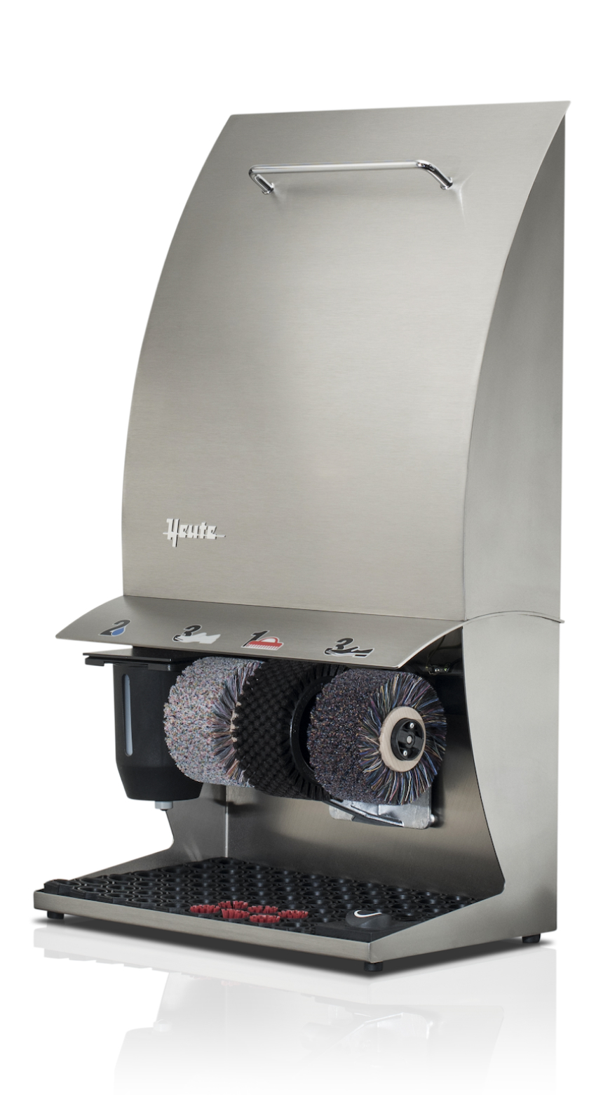 Heute shoes shine machine, model ELÉGANCE COULEUR PLUS, (mm) 500 x 300 x 860, stainless steel housing, 3 brushes, polish dispenser, foot sensor with timer