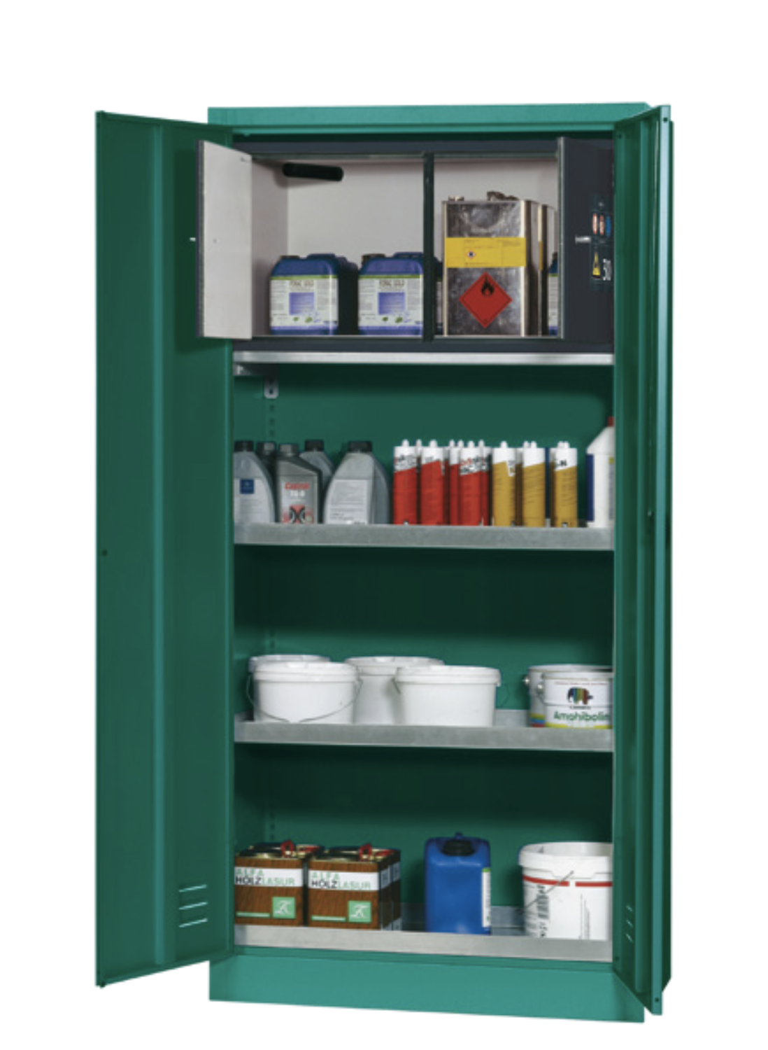 Asecos E-PSM model EP.195.095 cabinet, (mm) 950 x 50 x 1950,  3x tray shelf, 1x bottom collecting sump; galvanised steel