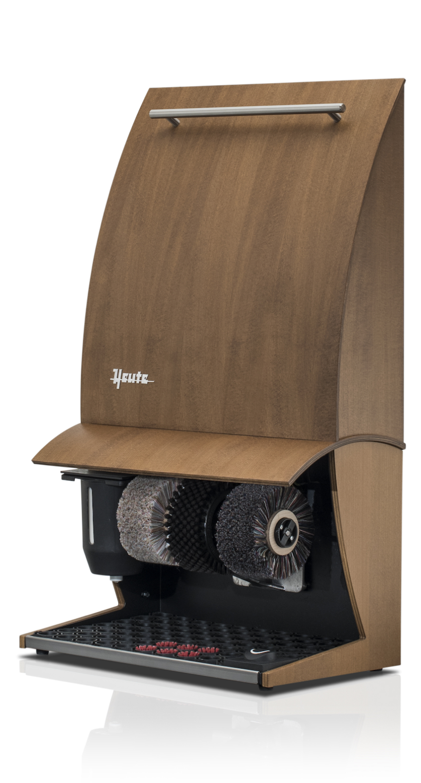 Heute shoes shine machine, model ELÉGANCE NATURE PLUS, (mm) 500 x 300 x 860, Natural wood, 3 brushes, polish dispenser, foot sensor with timer, Bright walnut