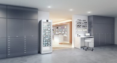 Liebherr HMFvh 4011 pharmaceutical refridgerator, +5 °C, 235 L, with medicine drawers, fan-assisted cooling, compliant with DIN 13277, glass door