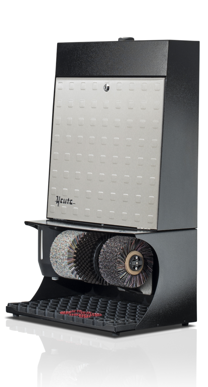 Heute shoes shine machine, model RONDA 30, (mm) 460 x 300 x 790, powder-coated steel housing, 3 brushes, polish dispenser, touch sensor with timer, Embossed V2A