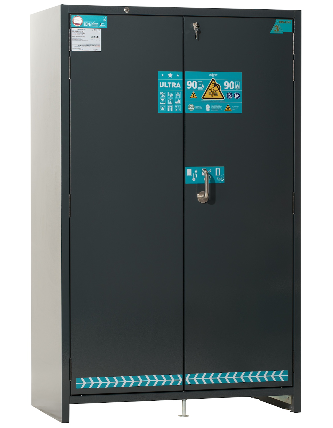 Asecos ION-ULTRA-90 model IO90.195.120.065.WDEL battery charging and storing cabinet, grey RAL 7016 & grey RAL 7016, (mm) 1193 x 615 x 1953, 6x insulated shelf incl. outlet strips, 1x bottom collecting sump (V=2.85L); Powder-coated sheet steel
