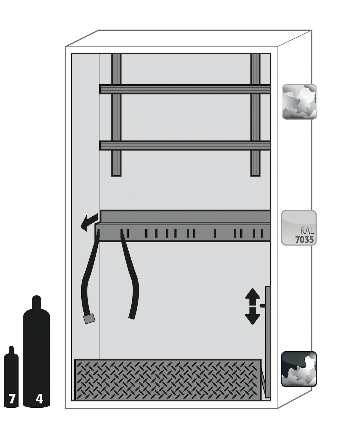 Asecos G-ULTIMATE-90 model G90.205.120 cabinet, (mm) 1198 x 615 x 2050,  1x rolling ramp L350, 1x cylinder retainer and tension belts, 1x mounting rail; galvanised steel