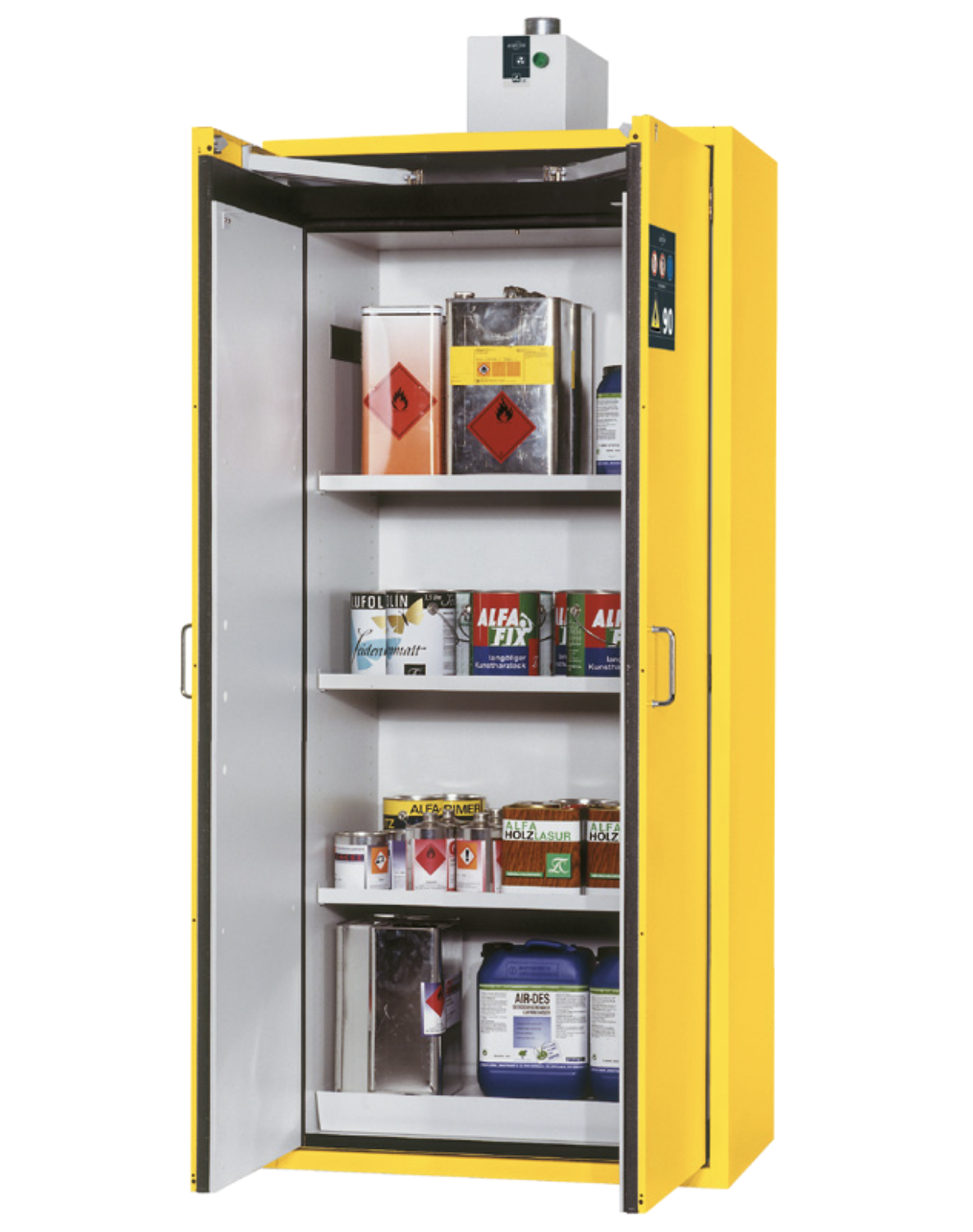 Asecos S-CLASSIC-90 model S90.196.090 cabinet, (mm) 896 x 616 x 1968,  3x shelf, 1x perforated insert, 1x bottom collecting sump; steel