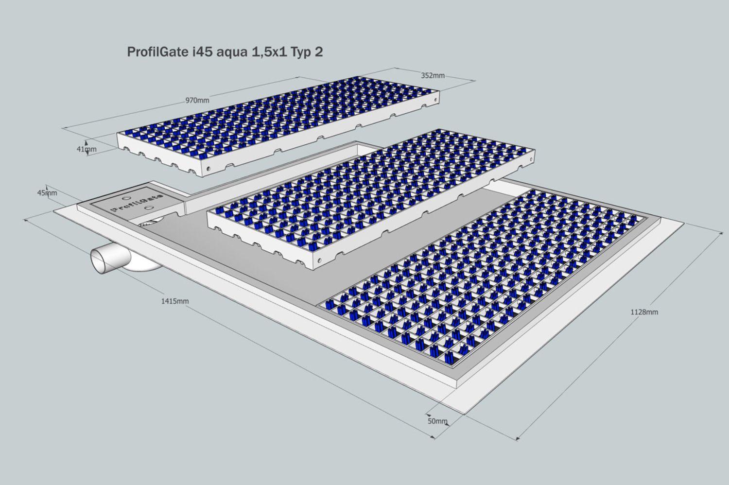 ProfilGate® i45 Aqua wet cleaning and disinfection system, WLH (mm) 1119 x 2967 x 45, 1 x V2A-Tray, 9 x Grate