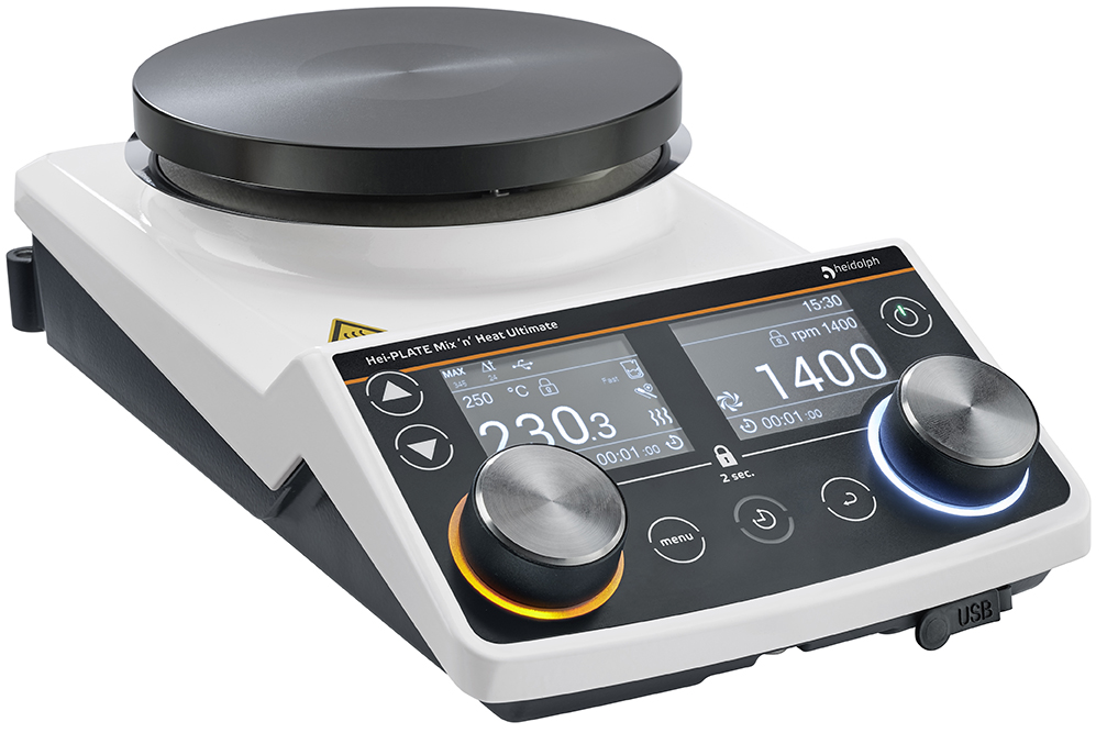 Heidolph Hei-PLATE Mix 'n' Heat Ultimate magnetic stirrer, 145 mm, 20 L, [oC] 20 - 350, Pt100/ Pt1000 ext. temp. sensor, RS232, RJ45 (LAN), USB A, USB B, USB C connection interfaces