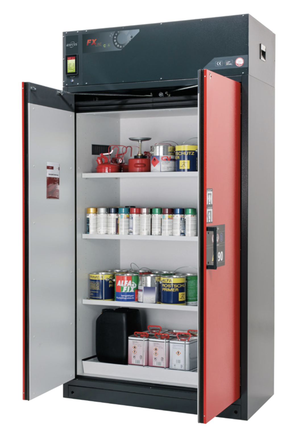 Asecos FX-PEGASUS-90 model FX90.229.120.WDAC cabinet, (mm) 1193 x 615 x 2294,  3x shelf, 1x perforated insert, 1x bottom collecting sump; steel