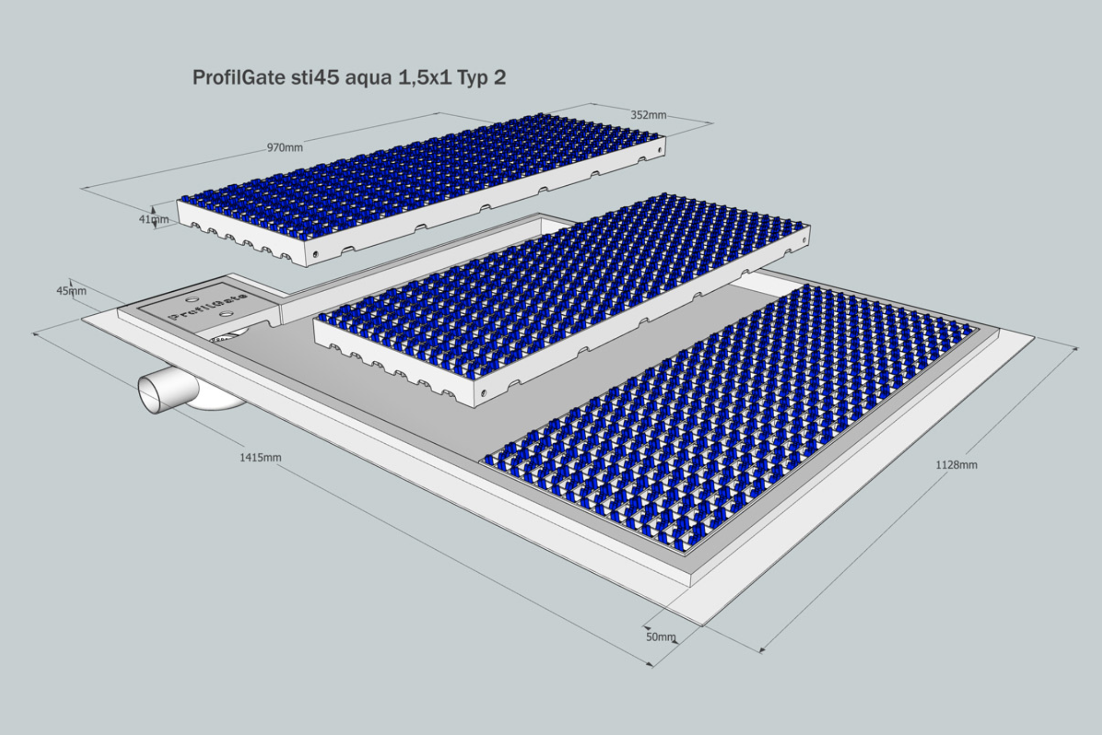 ProfilGate® sti45 Aqua wet cleaning and disinfection system, WLH (mm) 1473 x 1997 x 45, 1 x V2A-Tray, 8 x Grate