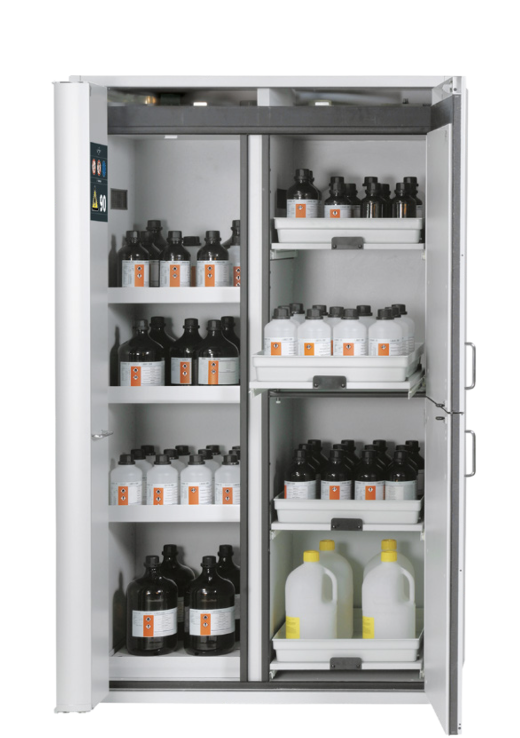 Asecos K-PHOENIX-90 model K90.196.120.MF.FWAS cabinet, (mm) 1197 x 617 x 1969,  left 3x shelf, 1x perforated insert, 1 bottom collecting sump; steel; top right 2x pull-out shelf, bottom right 2x pull-out shelf; PP