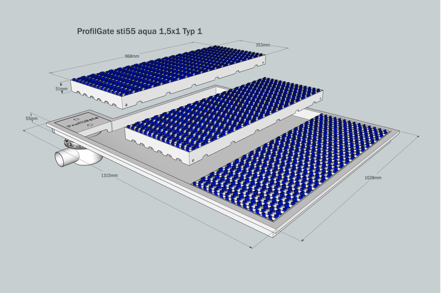 ProfilGate® sti55 Aqua wet cleaning and disinfection system, WLH (mm) 1470 x 1995 x 55, 1 x V2A-Tray, 8 x Grate