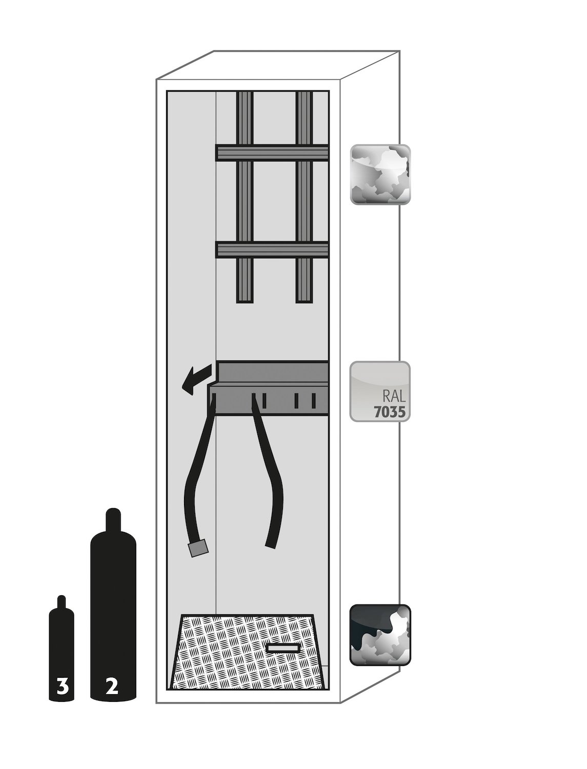 Asecos G-ULTIMATE-90 model G90.205.060 cabinet, (mm) 598 x 615 x 2050,  1x rolling ramp, 1x cylinder retainer, 1x mounting rail; galvanised steel