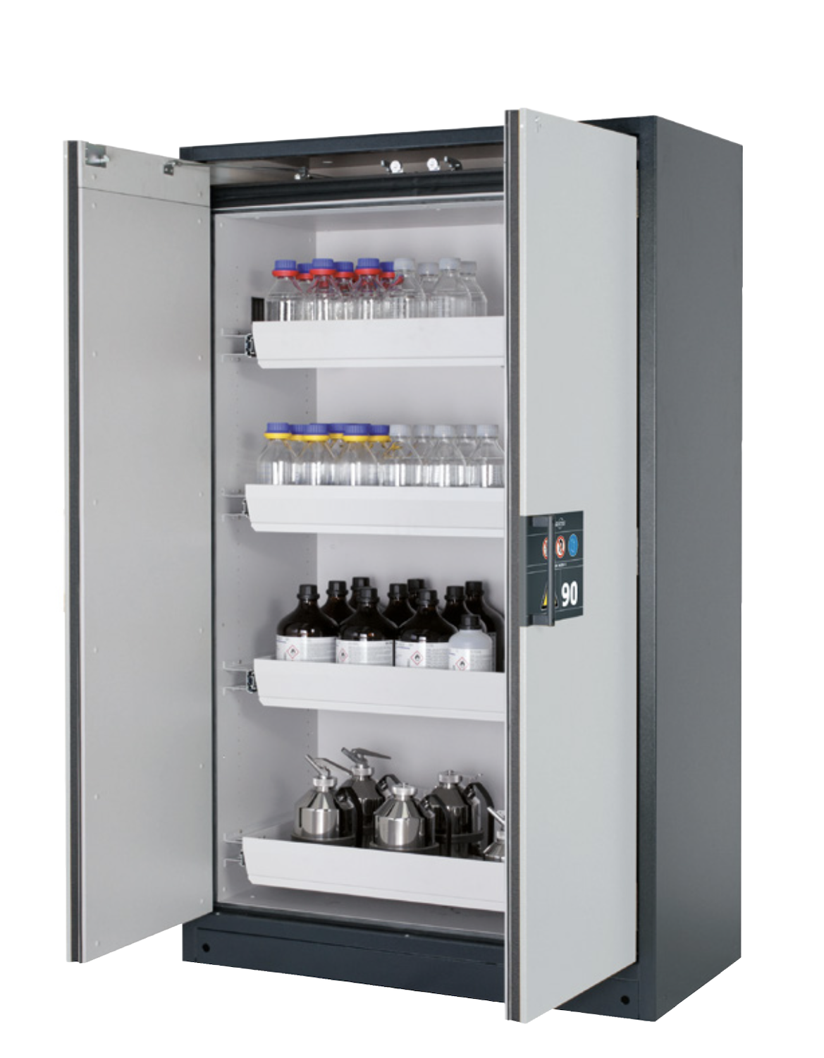 Asecos Q-CLASSIC-90 model Q90.195.120 cabinet, (mm) 1193 x 615 x 1953,  3x shelf, 1x perforated insert, 1x bottom collecting sump; steel