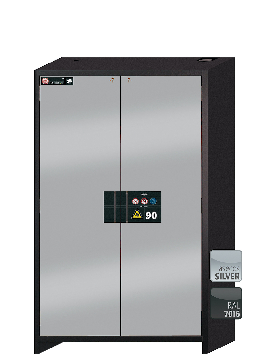 Asecos Q-CLASSIC-90 model Q90.195.120 cabinet, (mm) 1193 x 615 x 1953,  3x shelf, 1x perforated insert, 1x bottom collecting sump; steel