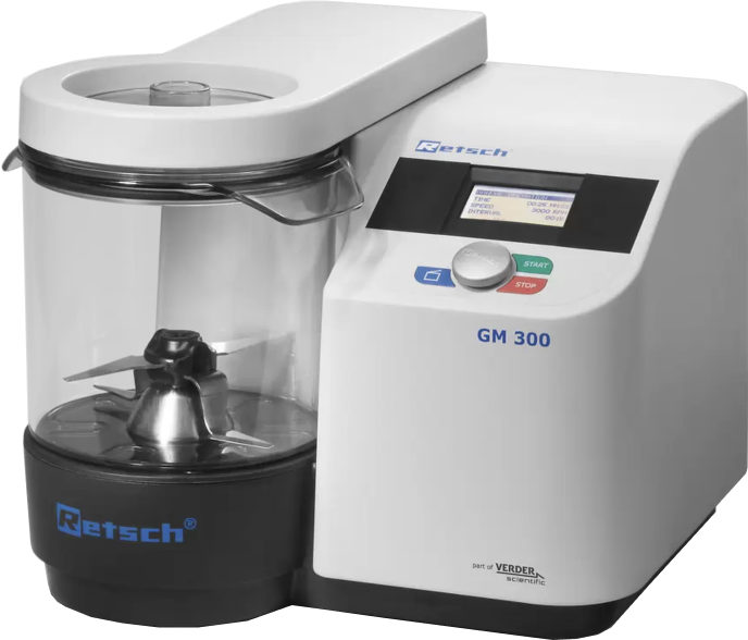 Retsch Knife Mill GRINDOMIX GM 300, complete with grinding container 5 litre of autoclavable plastic, standard lid, knife and scraper, 220–230 V, 50/60 Hz Retsch Knife Mill GRINDOMIX GM 300, complete with grinding container 5 litre of autoclavable plastic, standard lid, knife and scraper, 220–230 V, 50/60 Hz