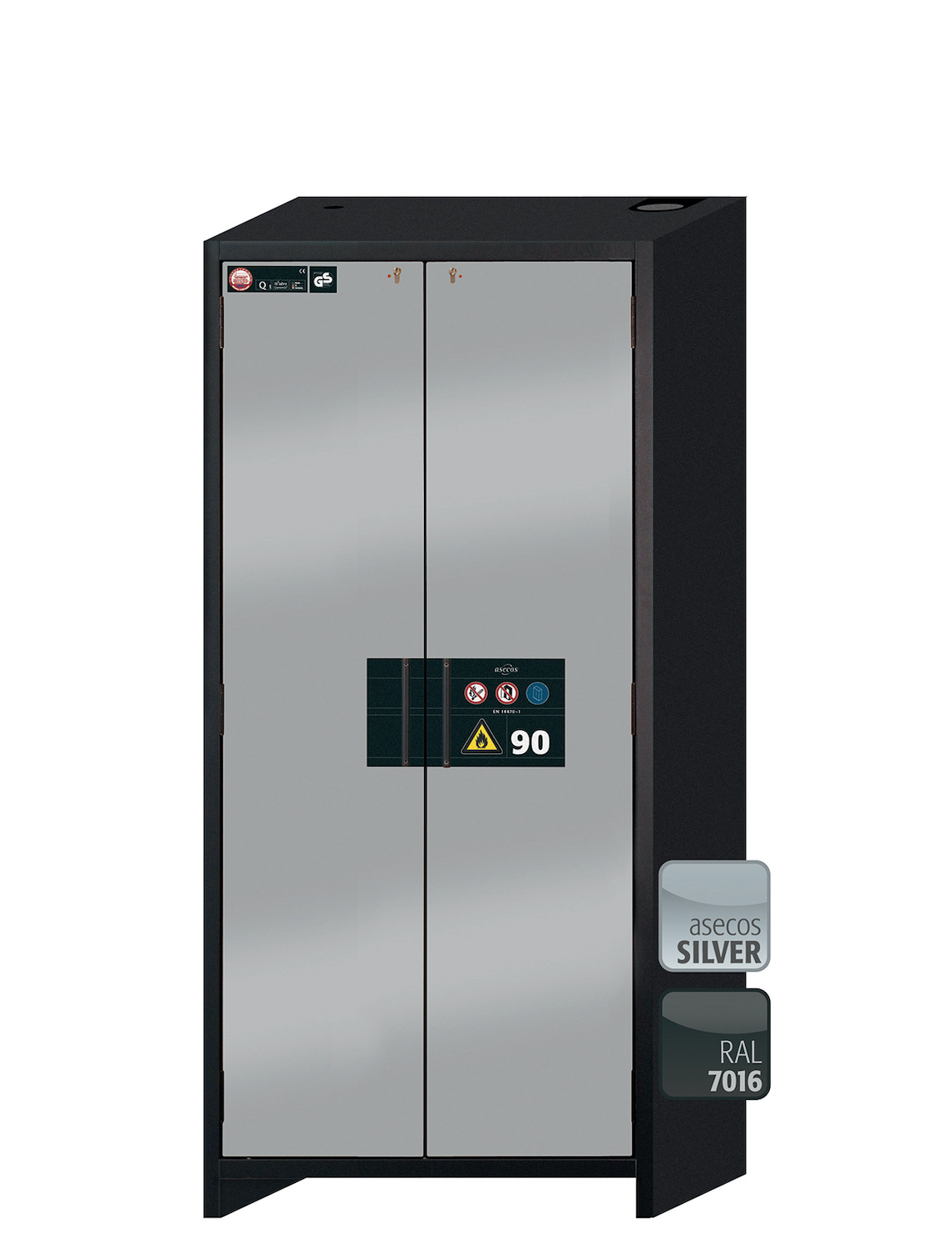 Asecos Q-CLASSIC-90 model Q90.195.090 cabinet, (mm) 893 x 615 x 1953,  3x shelf, 1x perforated insert, 1x bottom collecting sump; steel
