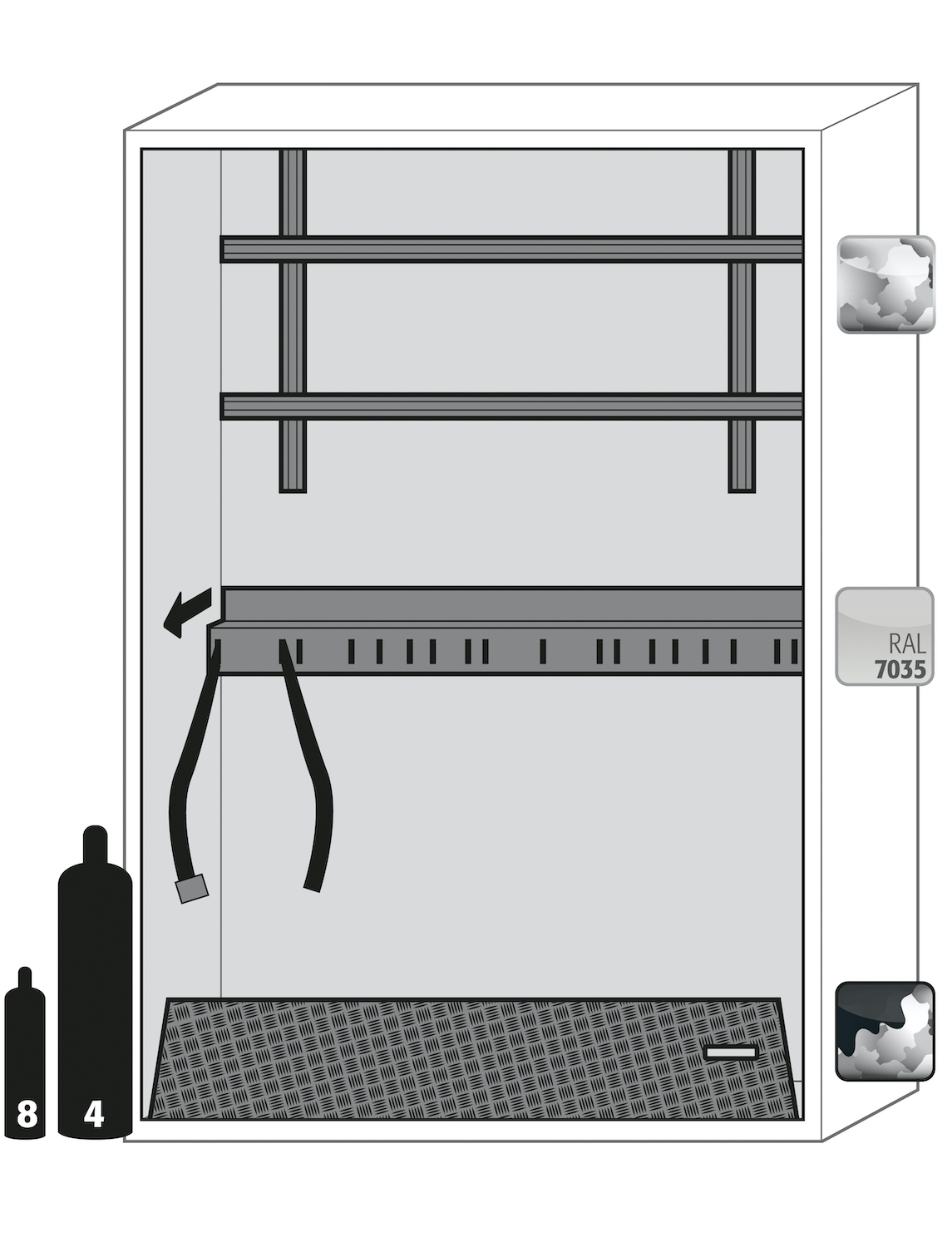 Asecos G-ULTIMATE-90 model G90.205.140 cabinet, (mm) 1398 x 615 x 2050,  1x rolling ramp, 1x cylinder retainer, 1x mounting rail; galvanised steel