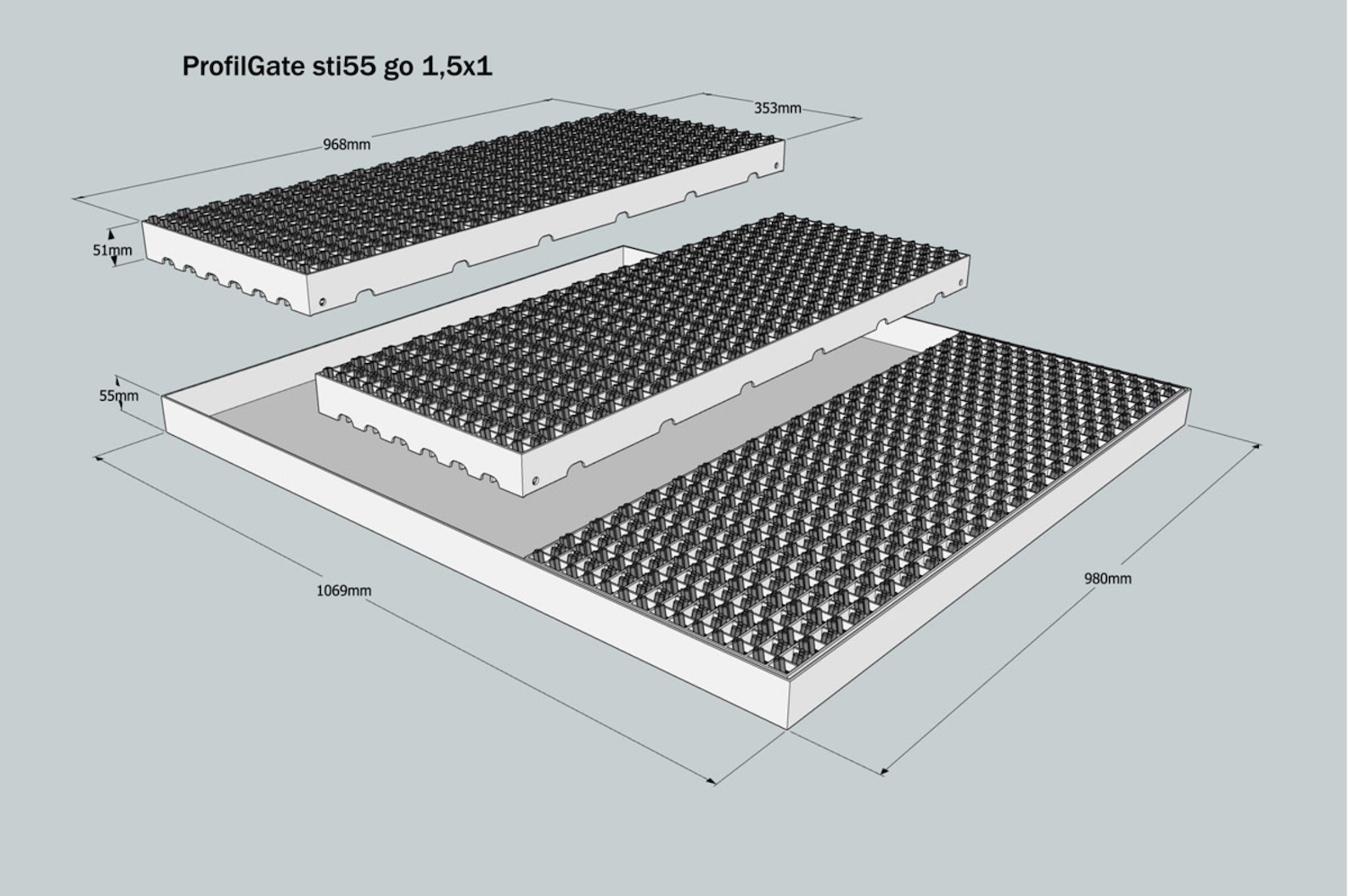 ProfilGate® sti55 go, WLH (mm) 1069 x 980 x 55, 1 x V2A-Tray, 3 x Grate