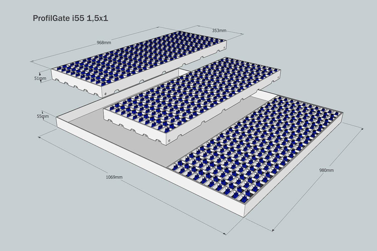 ProfilGate® i55, WLH (mm) 1069 x 980 x 55, 1 x V2A-Tray, 3 x Grate