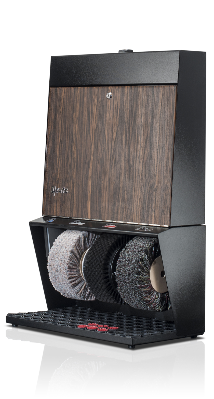 Heute shoes shine machine, model POLIFIX 3, (mm) 560 x 310 x 850, powder-coated steel housing, 3 brushes, polish dispenser, touch sensor with timer, Jacaranda door