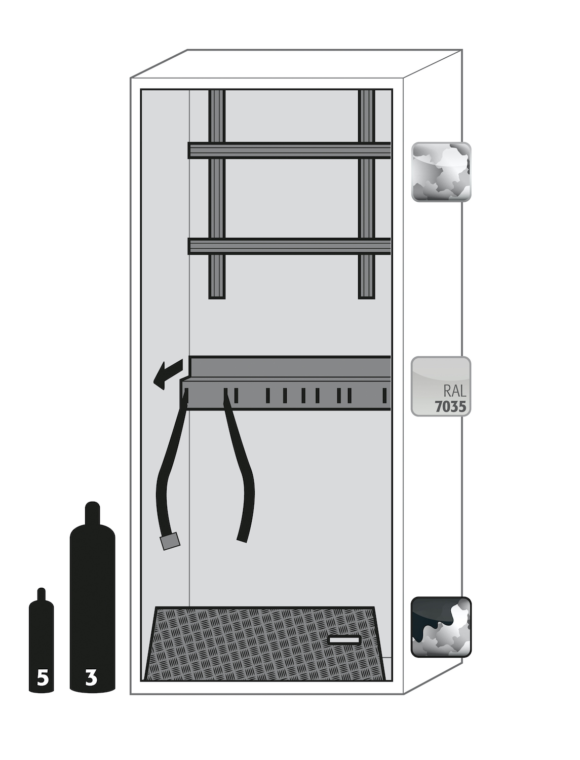 Asecos G-ULTIMATE-90 model G90.205.090 cabinet, (mm) 898 x 615 x 2050,  1x rolling ramp, 1x cylinder retainer, 1x mounting rail; galvanised steel