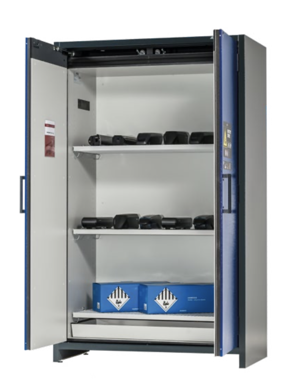 Asecos BATTERY STORE model IO90.195.120.K1.WDC cabinet, (mm) 1193 x 615 x 1953,  3x perforated shelf, 1x bottom collecting sump; steel