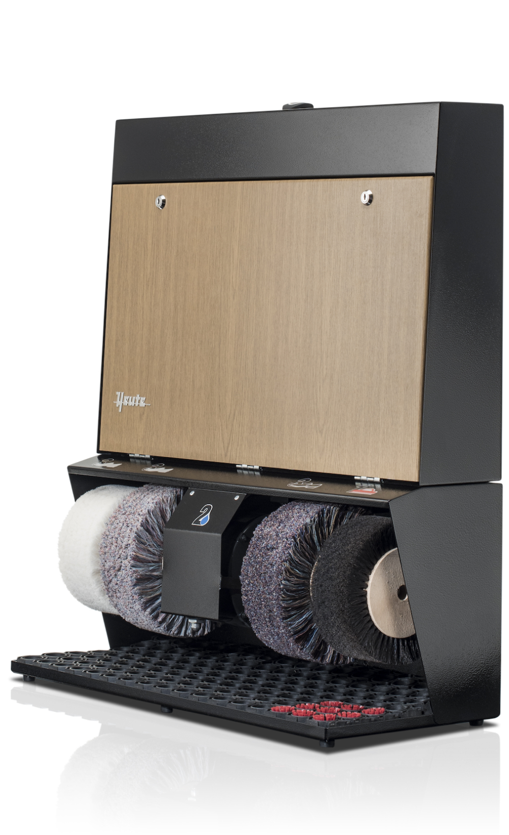 Heute shoes shine machine, model POLIFIX 4, (mm) 770 x 390 x 930, powder-coated steel housing, 4 brushes, polish dispenser, touch sensor with timer, Bright oak door