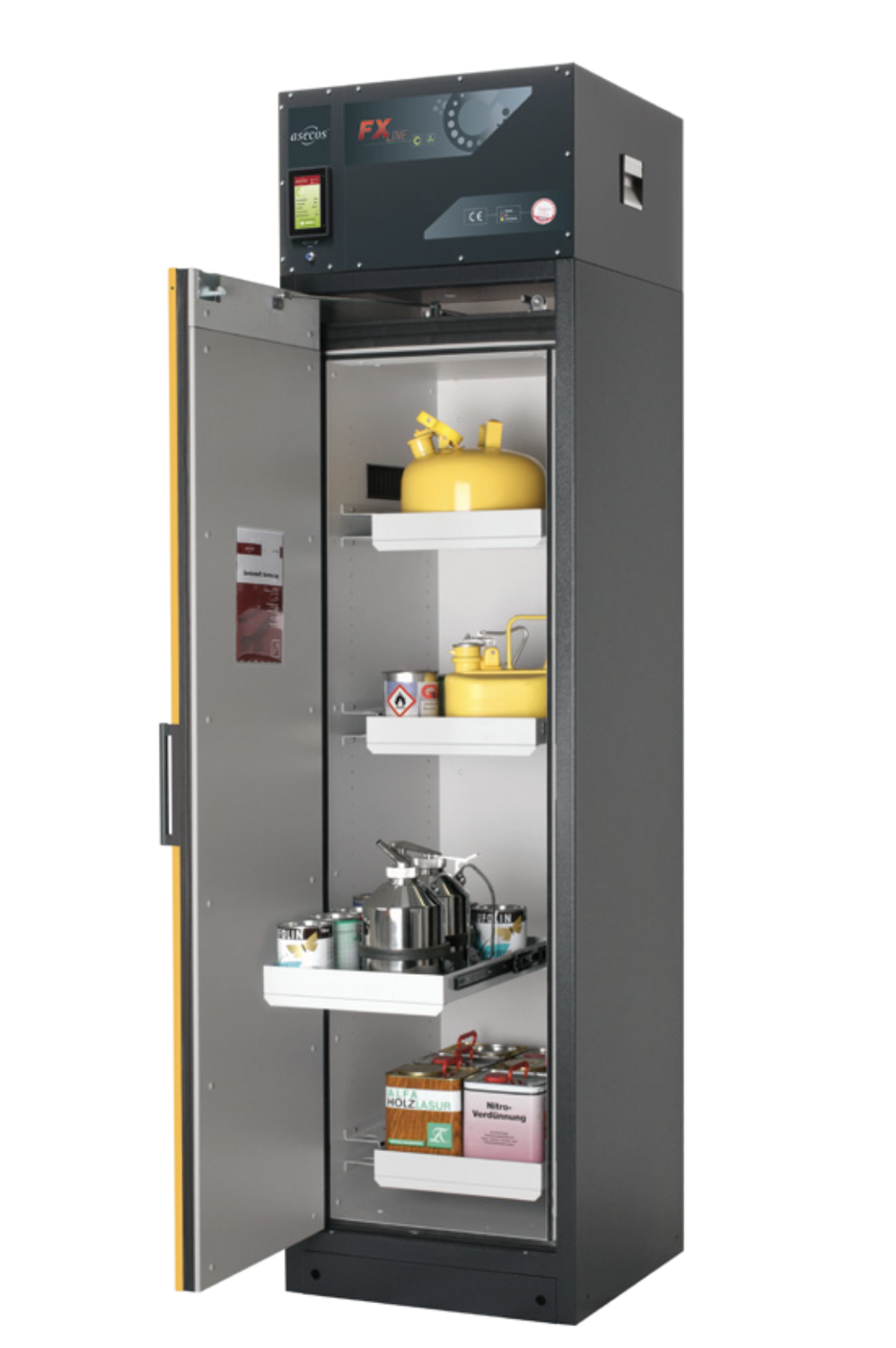 Asecos FX-PEGASUS-90 model FX90.229.060.WDAC cabinet, (mm) 599 x 615 x 2294,  3x shelf, 1x perforated insert, 1x bottom collecting sump; steel