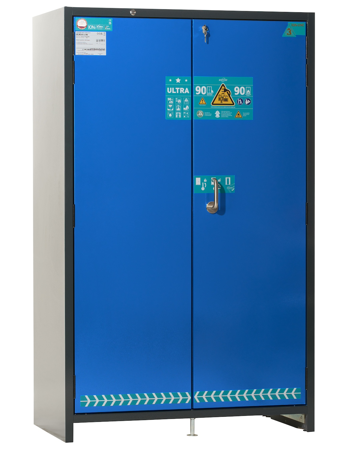 Asecos ION-ULTRA-90 model IO90.195.120.065.WDEL battery charging and storing cabinet, grey RAL 7016 & blue RAL 5010, (mm) 1193 x 650 x 1953, 6x insulated shelf incl. outlet strips, 1x bottom collecting sump (V=2.85L); Powder-coated sheet steel Asecos ION-ULTRA-90 model IO90.195.120.065.WDEL battery charging and storing cabinet, grey RAL 7016 & blue RAL 5010, (mm) 1193 x 650 x 1953, 6x insulated shelf incl. outlet strips, 1x bottom collecting sump (V=2.85L); Powder-coated sheet steel