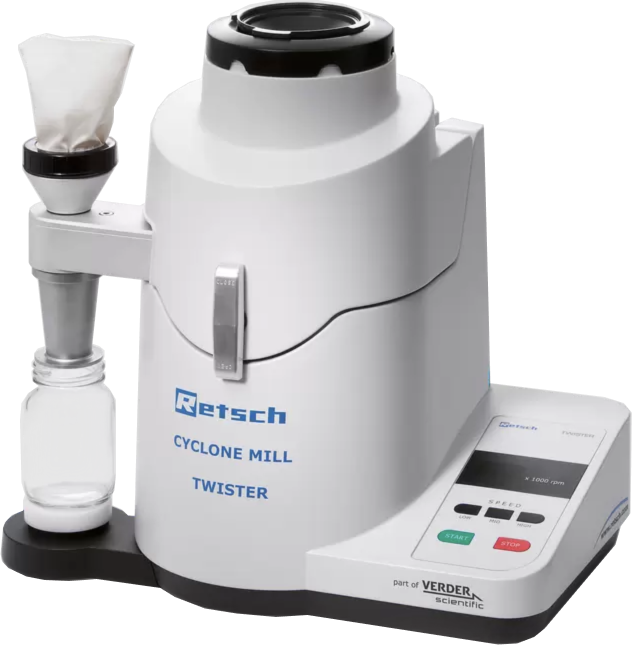 Retsch Cyclone Mill TWISTER, complete with rotor, grinding ring, sieve section (1.0 mm and 2.0 mm), wooden plunger and 10 sample bottles 250 ml, 220–240 V, 50/60 Hz Retsch Cyclone Mill TWISTER, complete with rotor, grinding ring, sieve section (1.0 mm and 2.0 mm), wooden plunger and 10 sample bottles 250 ml, 220–240 V, 50/60 Hz