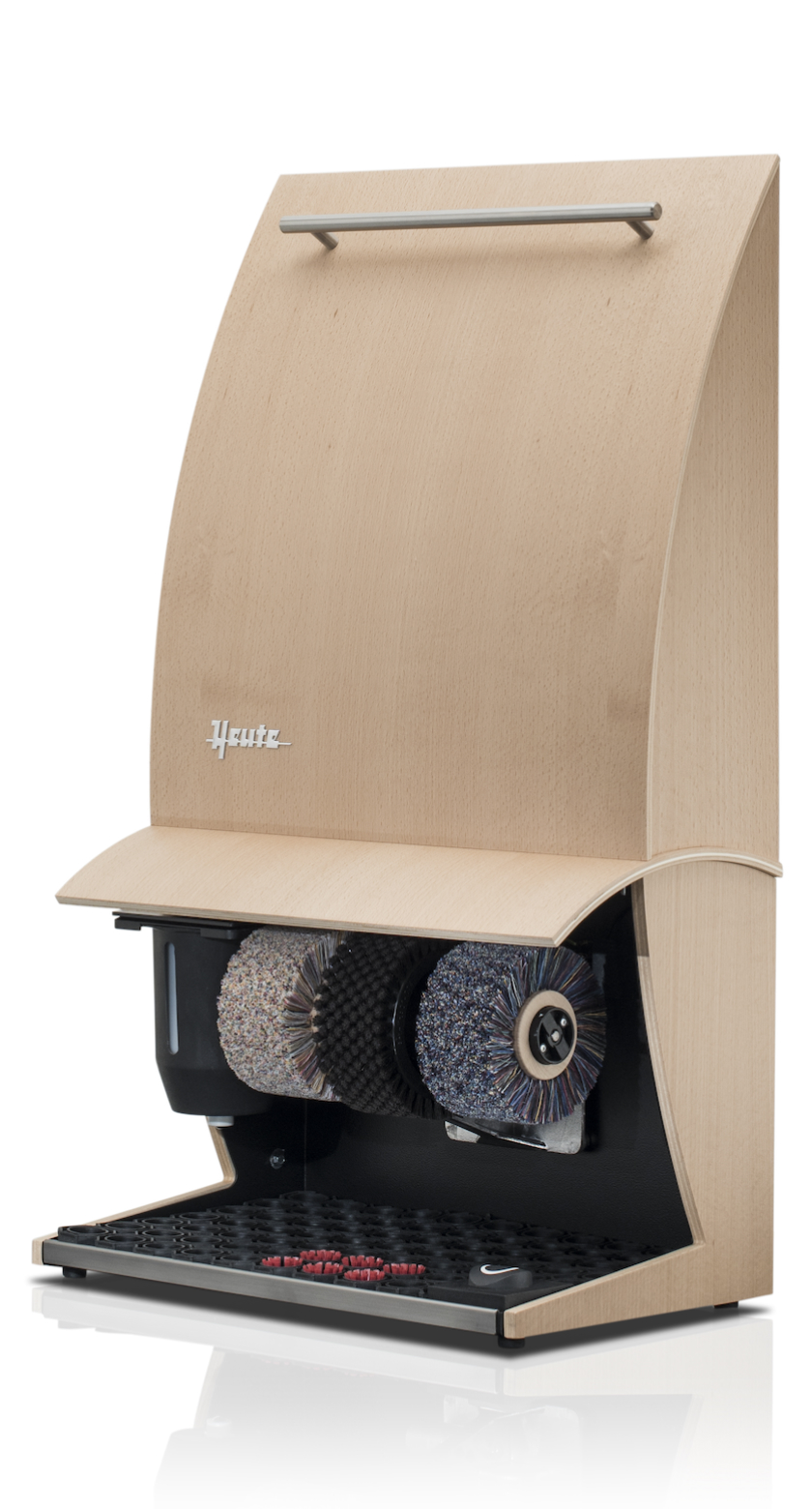 Heute shoes shine machine, model ELÉGANCE NATURE PLUS, (mm) 500 x 300 x 860, Natural wood, 3 brushes, polish dispenser, foot sensor with timer, Natural beech