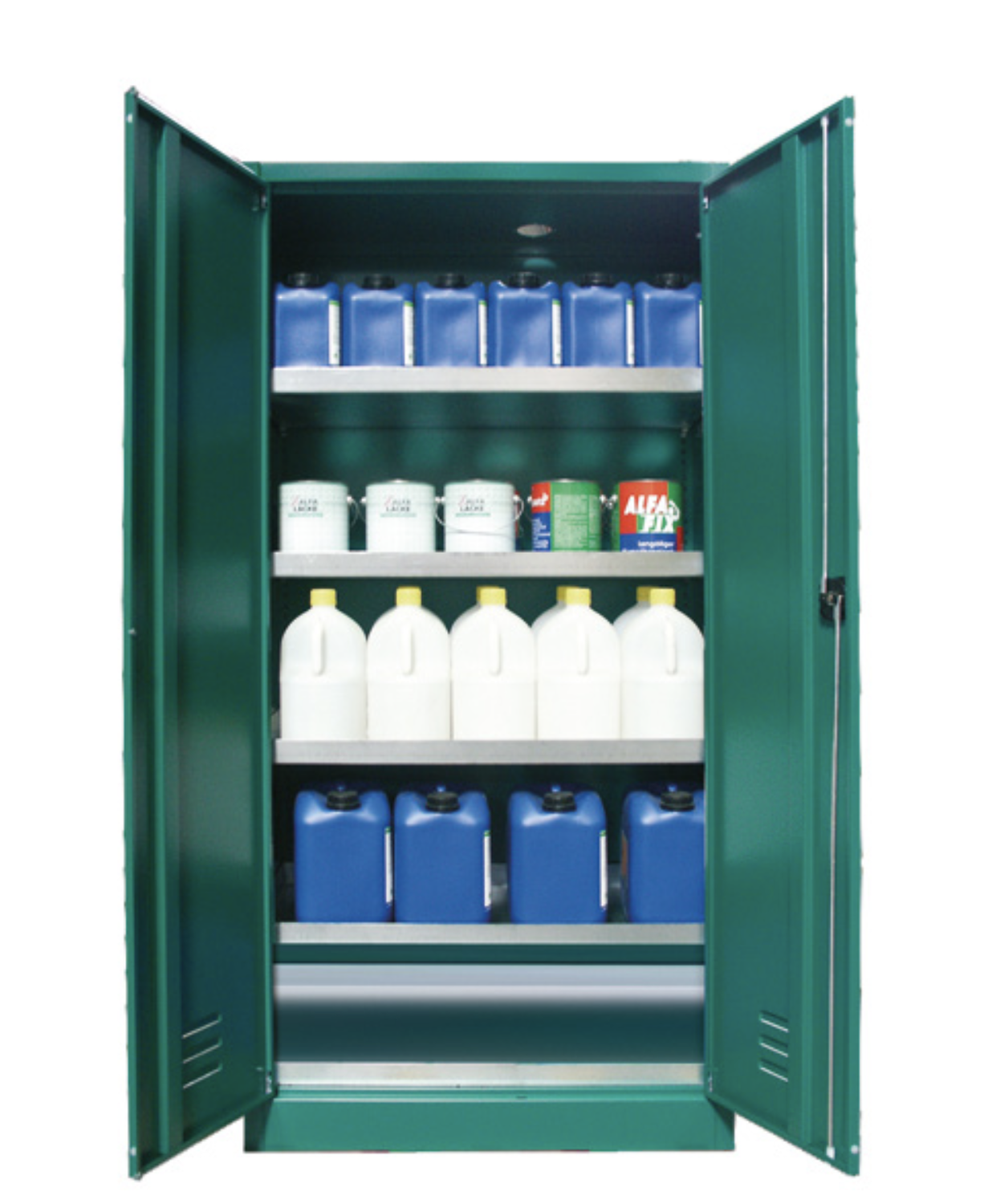 Asecos E-PSM model EP.195.095 cabinet, (mm) 950 x 50 x 1950,  3x tray shelf, 1x bottom collecting sump; galvanised steel