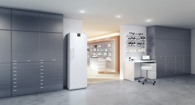 Liebherr HMFvh 4001 pharmaceutical refridgerator, +5 °C, 235 L, with medicine drawers, fan-assisted cooling, compliant with DIN 13277, steel door