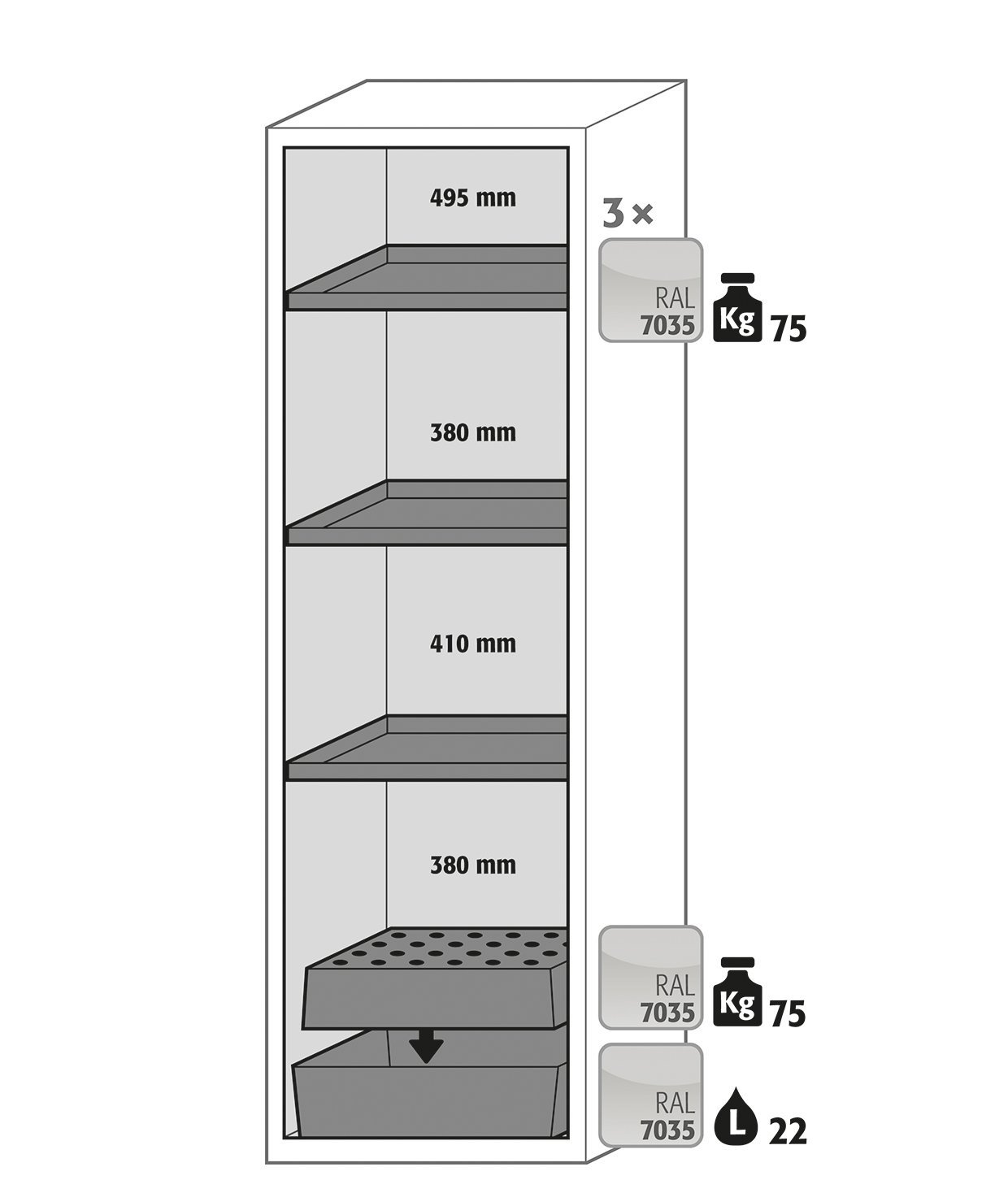 Asecos S-CLASSIC-90 model S90.196.060 cabinet, (mm) 596 x 616 x 1968,  3x shelf, 1x perforated insert, 1x bottom collecting sump; steel